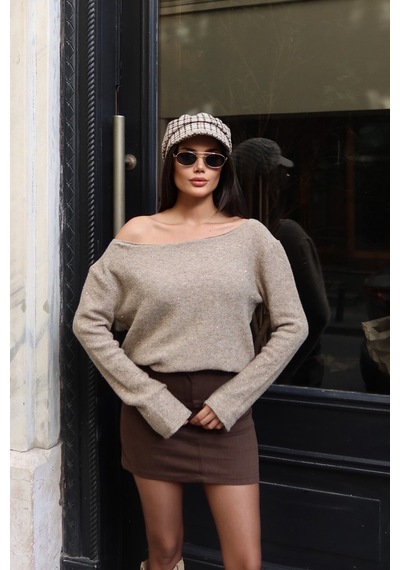 Kechi Woman Simli Kayık Yaka Triko Kazak Camel