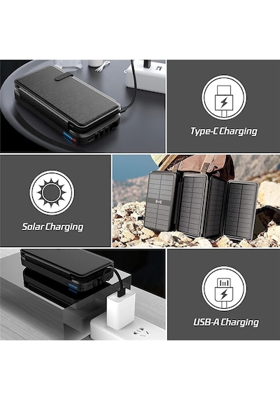 20000mah Solar Powerbank - Katlanabilir 4 Panel, Darbeye Dayanıklı Kasa Ve Fenerli Kamp Şarj Aleti Siyah Turuncu