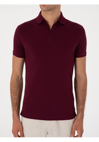Bordo Slim Fit Polo Yaka Pamuklu Basic T-shirt Kirmizi
