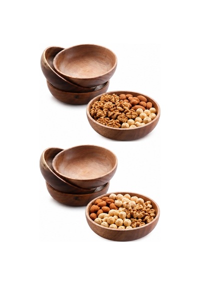 Dekoratif Çerezlik Tabak, Doğal Ahşap Akasya Çerezlik, Çap 12 Cm, 4'lü Set Kahverengi