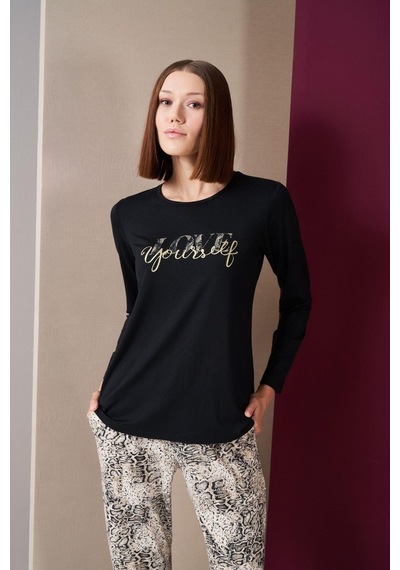 Pjs 26020 Kadın Love Yourself Yuvarlak Yaka Leopar Desen Uzun Kol Pijama Takım Siyah