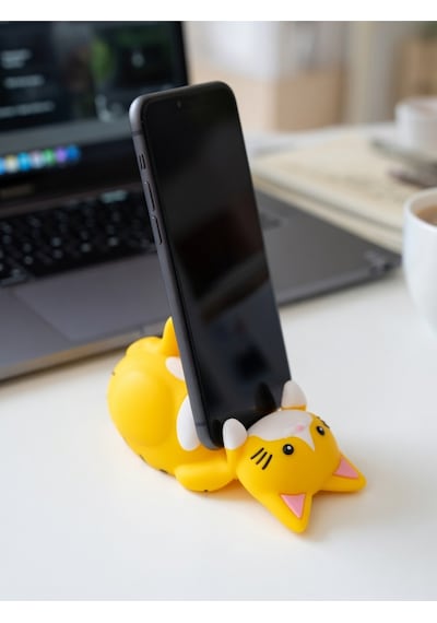Sarı Kedi Figürlü Telefon Tutucu Stand - 3d Baskı Ofis Masaüstü Aksesuarı Ve Biblo