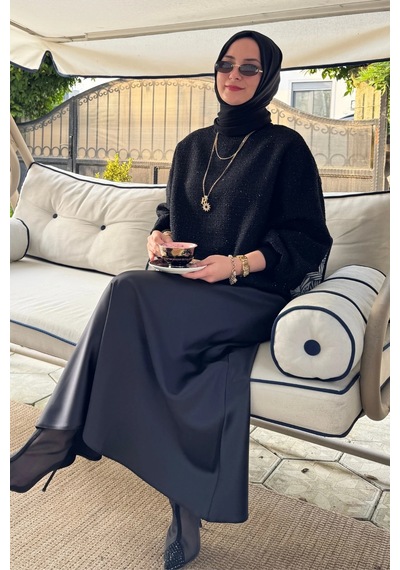 Rabia Şamlı Tanem Tüvit-saten Etekli Takım Siyah Normal