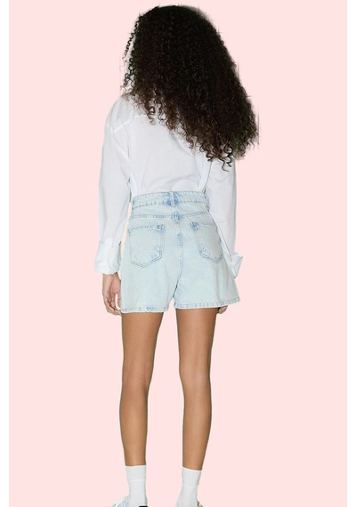 Ersefa Kadın Pamuklu Baskılı Kiraz Desenli Denim City Short Şort Rahat G mavi