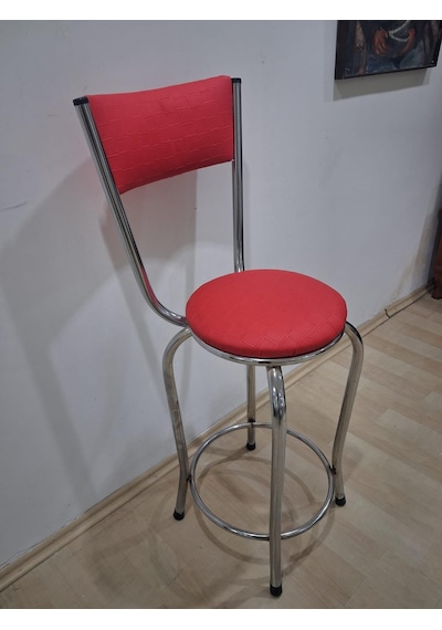 Sandalye Bar Tabure 90676 Model Kırmızı Suni Deri Döşem Metal Krom Kaplama 1 Adet