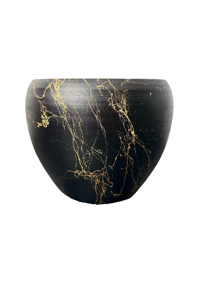 BİTKİ TASARIMI EV DEKORASYON SİYAH ÜZERİ GOLD MERMER EFEKTLİ TOPRAK SAKSI SAKSILIK SALON ÇİÇEKLİK - 15 CM
