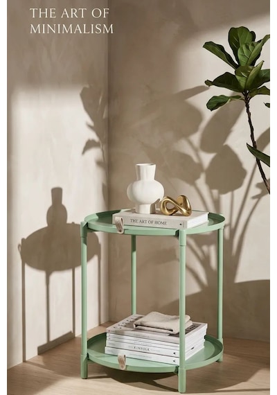 Çift Tepsili Katlanır Orta Yan Yuvarlak Sehpa Metal Ayak - Modern Sehpa 50cm 44 Cm Tepsi Deri Kulplu Mint Yeşili
