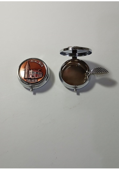 Mini Taşınabilir Cep Küllüğü Bakır Rengi - Çanta Küllüğü 5cm - İstanbul Galata Desenli Kapaklı Metal Mini Kül Tabağı