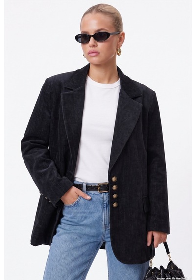 Ritnice Kadın Jonas Astarlı Cepli Siyah Lux Oversize Blazer Ceket