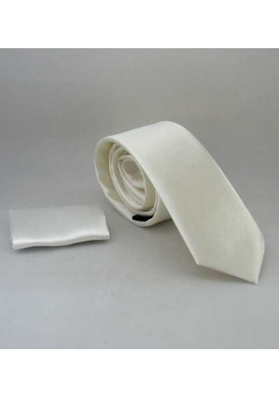 Gaffy Krem Slim Fit İnce Düz Renk Mendilli Saten Kravat - SS-33 Krem