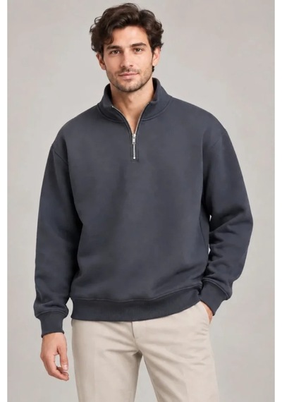 Butik İstanbul Erkek Üç İplik İçi Şardonlu Dik Yaka Yarım Fermuarlı Kışlık Sweatshirt - Füme