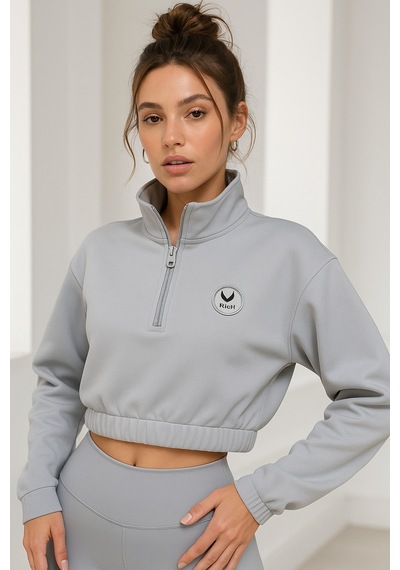 Kadın Gri Yarım Fermuarlı Beli Lastikli Crop Sweatshirt Gri