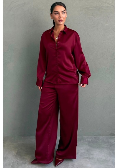 Madmext Bordo Saten Gömlek Pantolon Takım Mg2745