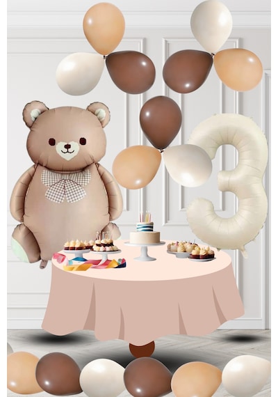 3 Yaş Retro Folyo Karamel Ayıcık Kahverengi Ten Kum Beji Balon Krem Rakam Doğum Günü Süsleme Kahverengi