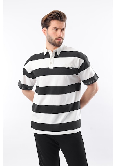 Madmext Siyah Oversize Renk Bloklu Polo Yaka Tişört E7120 Siyah