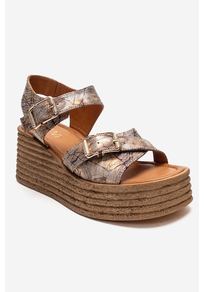 Luvishoes Mırette Altın Desenli Hakiki Deri Kadın Dolgu Tabanlı Sandalet