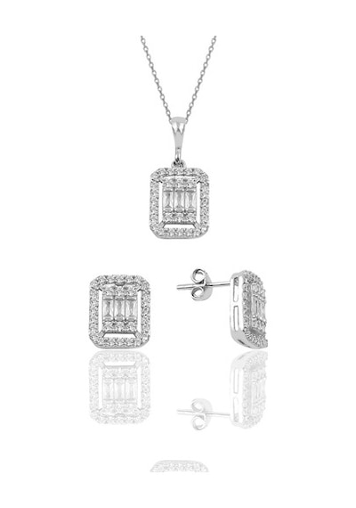 Gümüş Rodyumlu Baget Taşlı Ikili Set