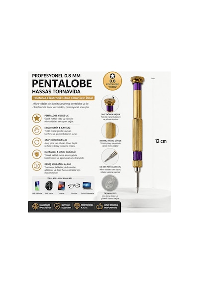 Profesyonel 0.8 Mm Pentalobe Yıldız Hassas Telefon Tamir Tornavidası Metal Kaymaz Sap 12 Cm