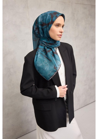 Silk Home Pamuk Polyester Soft Eşarp Yaprak Desen Açık Petrol Mavisi 90x90 Çok Renkli