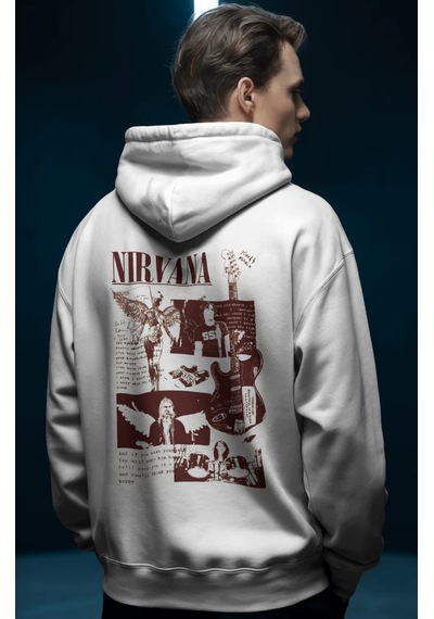Sevbano Nirvana Rock Metal Müzik Grubu Ön Baskılı Unisex Oversize Premium beyaz