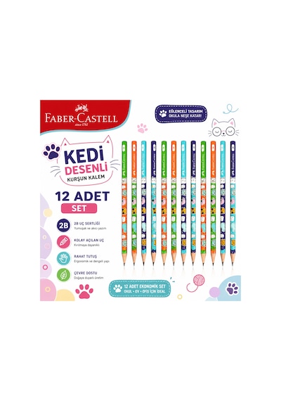 Faber-castell Kedi Desenli Kurşun Kalem 2b 12 Adet Renkli Eğlenceli Desenli Okul Öğrenci Kalemi Çok Renkli