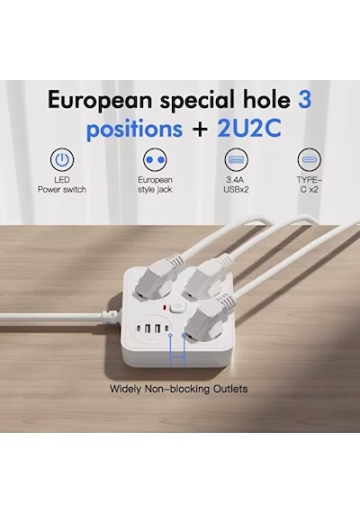 Sonx Akım Korumalı Avrupa Tip - C Usb Soket Kartı 2 Metre - Güvenli Ve Uzun Kablo Çözümü