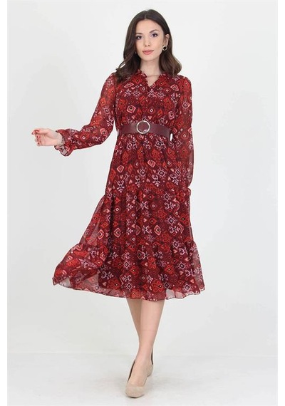 Neşeli Butik Kadın Kemerli Yakası Bağlama Detaylı Desenli Şifon Elbise Rssn02 Bordo Neşeli Butik Kadın Kemerli Yakası Bağlama Detaylı Desenli Şifon Elbise Rssn02 Bordo