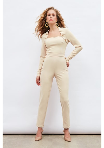 Sateen Düğme Detaylı Pantolon - Bej