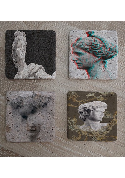 Glitch Heykel Manipülasyonlar Doğal Taş Bardak Altlığı 4'lü Set - Natural Stone Coasters - Taş Çok Renkli