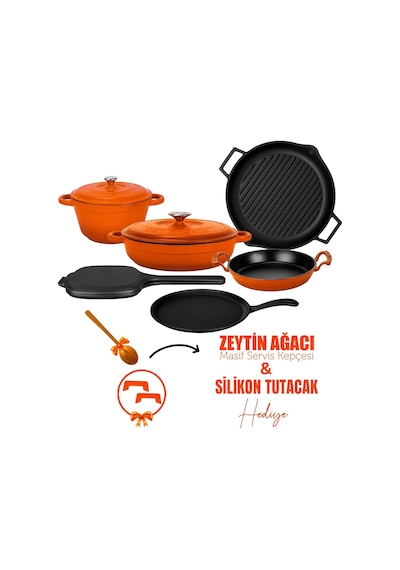 Lava Döküm 6x Trendy Serisi 9 Parça Tencere & Tava Seti Turuncu Kırmızı