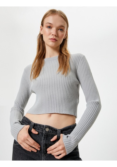 Koton Crop Triko Kazak Bisiklet Yaka Slim Fit Uzun Kollu Gri 5wal90019ht Gri