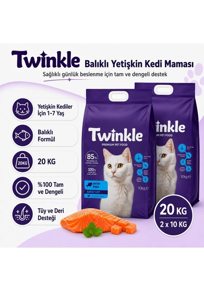 2As Twinkle Yetişkin Kedi Maması 20 Kg - Balıklı Kedi Maması - 2 X 10 Kg Paket -%85 Hayvansal Protein - Tam Ve Dengeli Beslenme - Tüy Ve Deri Desteği 12 Gri