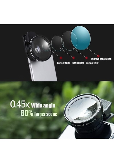2 Si 1 Arada Klipsli Telefon Kamera Lensi 0.45x Ultra Geniş Açı 10x Makro 37mm Evrensel 49mm Uv Port Siyah Siyah