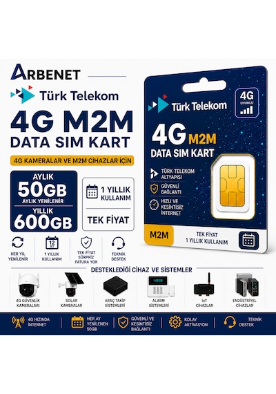 Türk Telekom 4g Data Sim Kart Aylık 50 Gb Yıllık 600 Gb Internet Tüm 4g Cihazlarla Uyumlu M2m