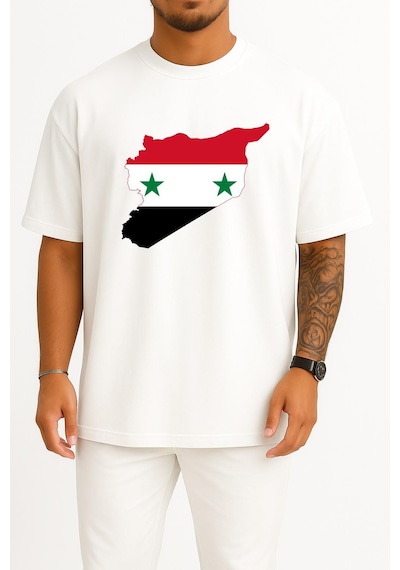 Bahriyeli Collection Oversize Suriye Bayrağı Haritası Göğüs Tasarımlı Unisex T-shirt Beyaz