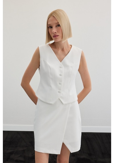 Sateen Klasik Yelek - Ekru-136496 Ekru