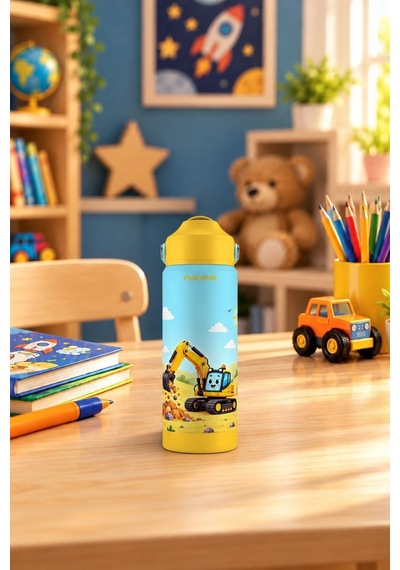 Puccon 540 Ml İş Makinesi Baskılı Sarı - Mavi Erkek Çocuk Pipetli Çelik Termos Matara/suluk - 60046