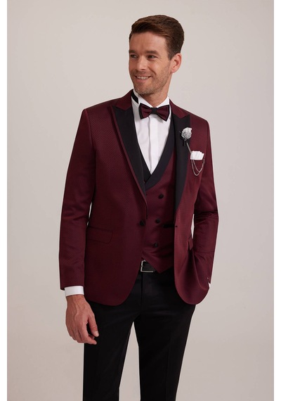 Ysf Erkek Bordo Kırlangıç Yaka Yelekli Slim Fit Desenli Damatlık