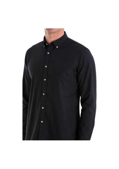 Hatemoğlu Siyah Comfort Fit Düz 100% Pamuk Düğmeli Yaka Uzun Kollu Casual O Siyah