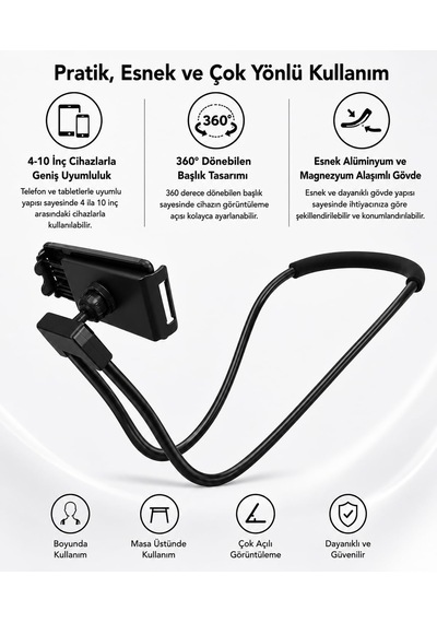 Coverzone Boyuna Takılabilir Esnek Telefon Ve Tablet Tutucu 360 Siyah
