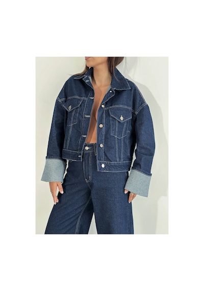 Zdnjeans W1910 Kolu Katlamalı Lacivert Crop Denim Ceket