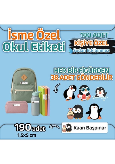 Kapbirhediye Okul Etiketi Isme Özel Kalem Defter Etiketi Penguen Temalı 190 Adet Çok Renkli