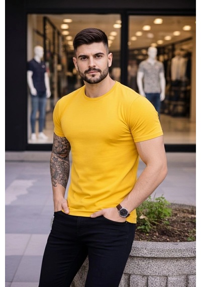 Novalisse Erkek Body Tişört Bisiklet Yaka Slim Fit Likralı T-shirt - Sarı Çoklu Renk