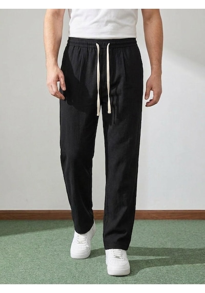 Danger Erkek Baggy Kalıp Beli Lastikli %100 Pamuk Keten Görünümlü Pantolon Siyah 1007dngr