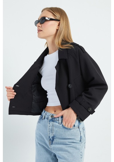 Fullamoda Kruvaze Yaka Çift Cepli Crop Trençkot Siyah