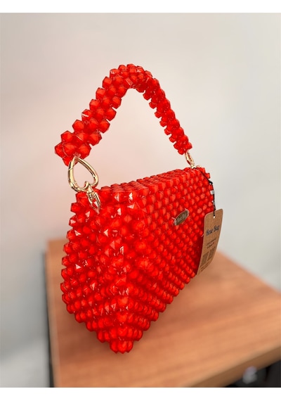 Rose Bag Kırmızı Boncuk Çanta Şık Kadın El Çantası