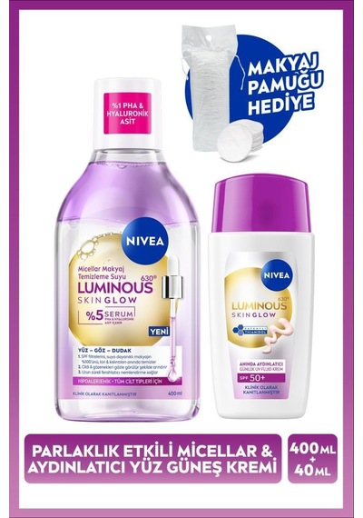 Spf50 Güneş Koruyucu Luminous630 Skin Glow Yüz Kremi Ve Micellar Makyaj Temizleme Suyu,pamuk Hediye