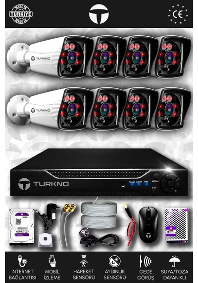 Turkno 8 Kameralı Karia 8 Dış Kamera Set 2 TB HDD Full HD Gece Görüşlü Güvenlik Kamerası Sistemi