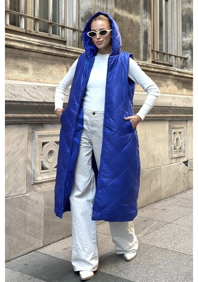 Veraura Lifestyle Saks Mavi Kapüşonlu Cepli Baklava Desen Uzun Şişme Yelek