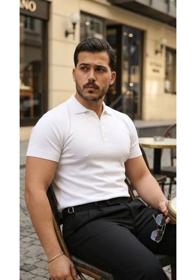 Defymoda Erkek Düğme Yakalı Kısa Kollu Pamuk Triko Tişört Beyaz